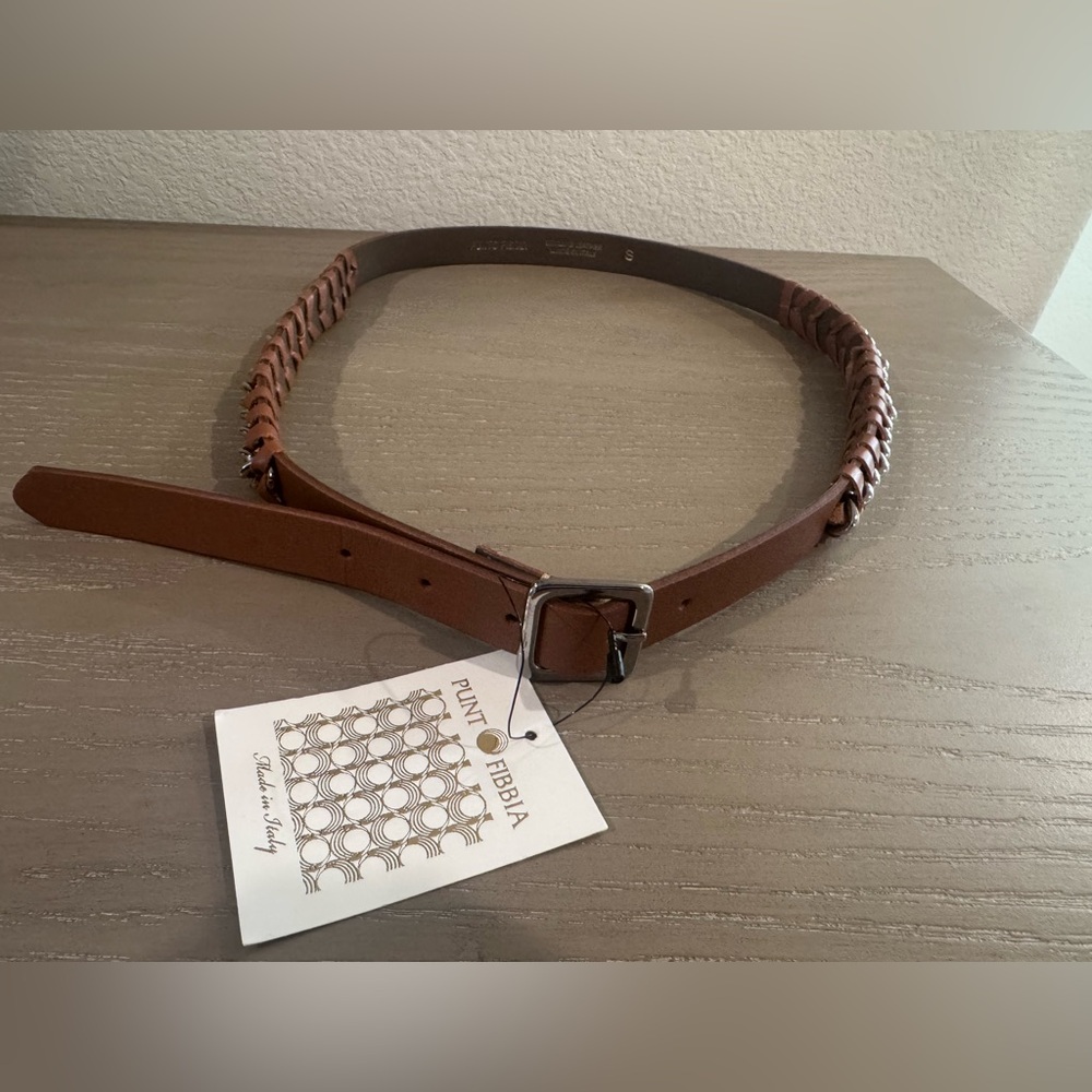 NWT Punt Fibbia Brown Leather Belt with Silver Chain Detail Size Small